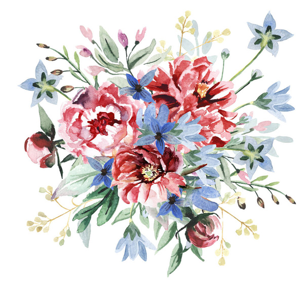 Watercolor flowers bouquet isolated on white background. Can be used as greeting card, invitation card for wedding, - Photo, Image