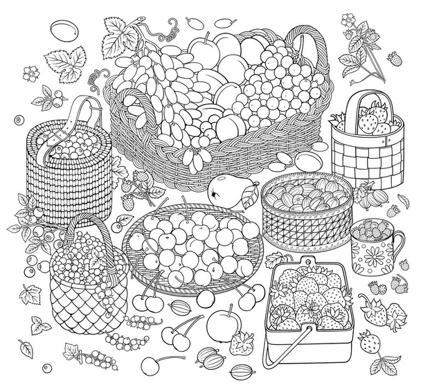 Muchas frutas y bayas en cestas
 - Vector, imagen