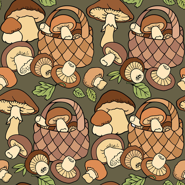 Pilze in Körben Cartoon nahtlose Muster - Vektor, Bild
