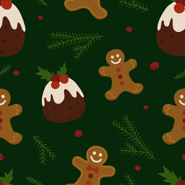 Seamless Christmas background from English puddings and gingerbreads. Perfect for Christmas cards, decorations, invitations, banners, labels, gift paper. Festive, cozy atmosphere. - Vector, Image