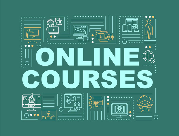 Online courses word concepts banner. Distance education. Web conferencing. Infographics with linear icons on blue background. Isolated typography. Vector outline RGB color illustration - Zdjęcie, obraz