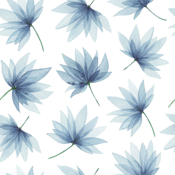 Акварель Бесшовный узор индиго голубые красивые цветы, нарисованные вручную иллюстрации изолированы на белом - Фото, изображение