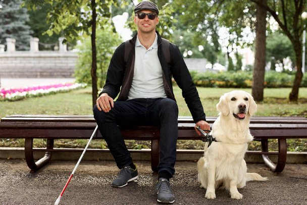 25 anos de idade homem sofre de cegueira, obter ajuda do guia do cão
 - Foto, Imagem