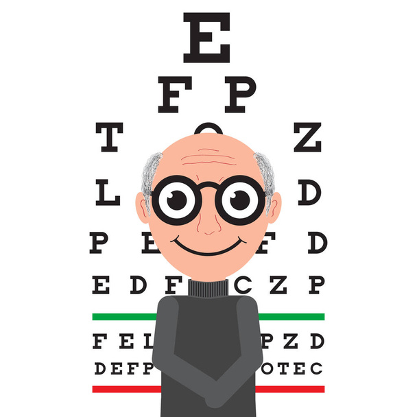 Öreg ember visel szemüveget elszigetelt asztalon tesztelésére vizuális Akuitás háttér. Rajzfilm vektor illusztráció - Vektor, kép