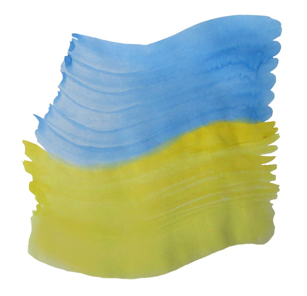 Vízfestékfolt. Akvarell kék és sárga kézzel készített akvarell háttér. Színek a zászló Ukrajna. Akvarell textúra elem nyomtatási és tervezési fehér háttér. fotó - Fotó, kép