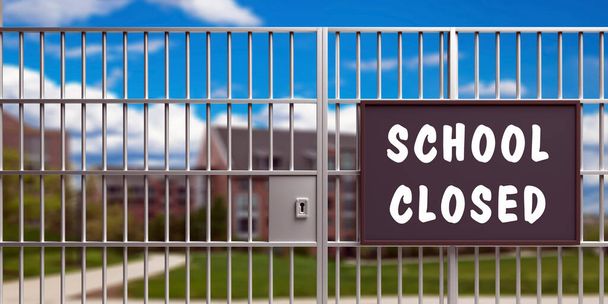 School gesloten op Coronavirus dagen. SCHOOL Gesloten SMS-bericht teken op metalen hek, gesloten deur poort, wazig gebouwen achtergrond, Covid 19 spread preventiemaatregel. 3d illustratie - Foto, afbeelding