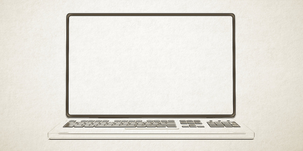 Caricatura moderna del ordenador portátil, pantalla vacía en blanco, espacio de copia de plantilla. Dispositivo portátil con teclado, contorno negro sobre fondo de papel rugoso color blanco
.  - Foto, Imagen