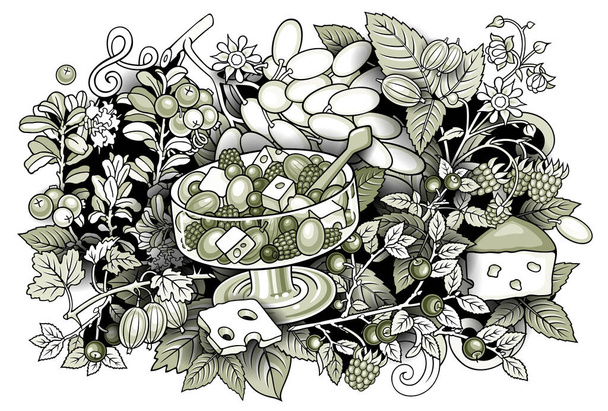 Ovoce, bobule, sladkosti ručně kreslené ilustrace - Vektor, obrázek
