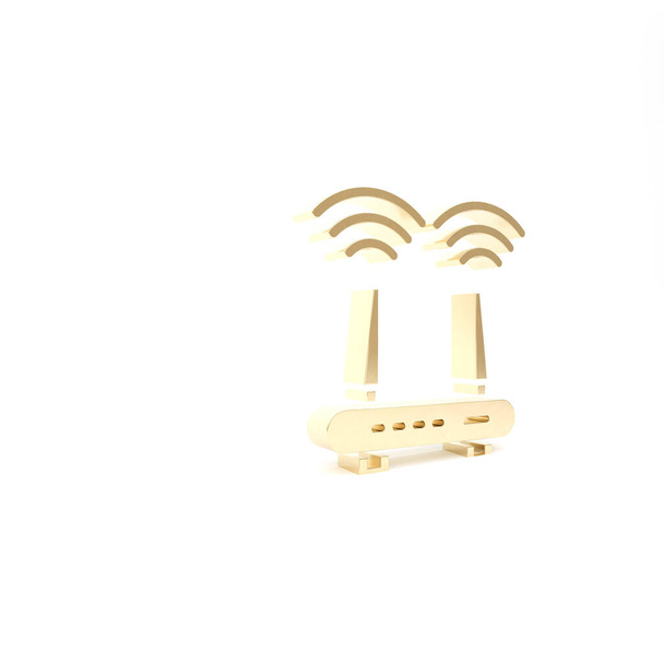 Routeur or et wi-fi icône de signal isolé sur fond blanc. Routeur de modem Ethernet sans fil. Internet informatique. Illustration 3D rendu 3D - Photo, image