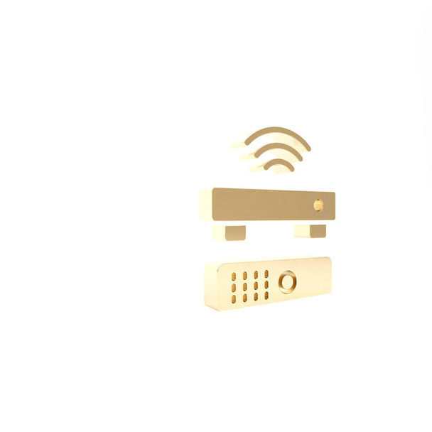 Золотий бездротовий мультимедійний і телевізійний приймач з іконою дистанційного контролера ізольованим на білому тлі. 3D-рендеринг - Фото, зображення