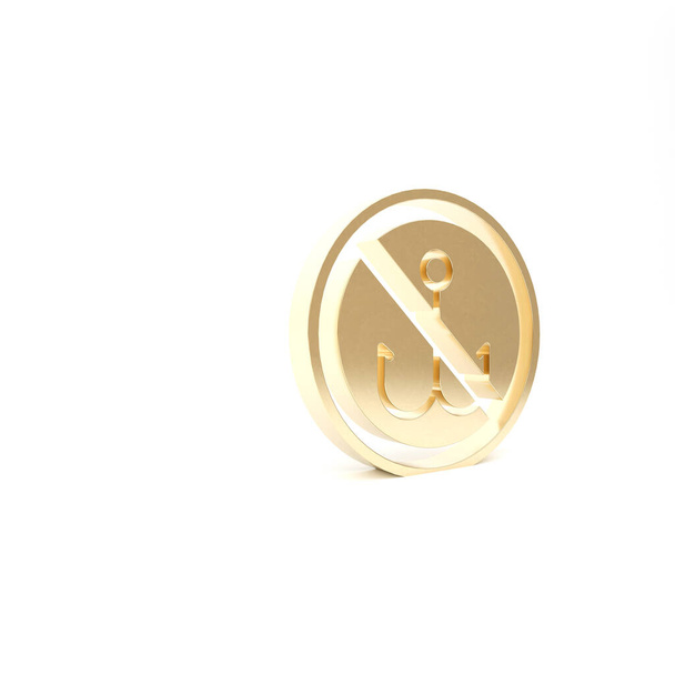 Gold No fishing icon isolated on white background. Prohibition sign. 3d illustration 3D render - Photo, Image