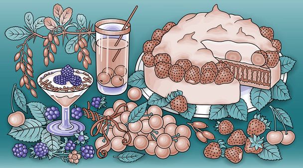 Γλυκά, μούρα, φρούτα, ποτά εικονογράφηση - Διάνυσμα, εικόνα