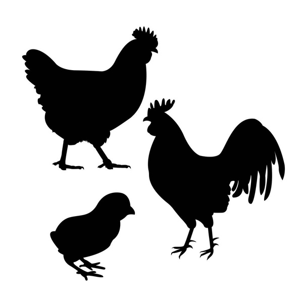 Μαύρες σιλουέτες που δείχνουν μια κότα, μια γκόμενα και ένα πουλί - Διάνυσμα, εικόνα