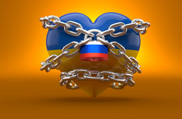 オレンジ色の背景にロシアの旗とウクライナの中心部と南京錠。3Dイラスト - 写真・画像