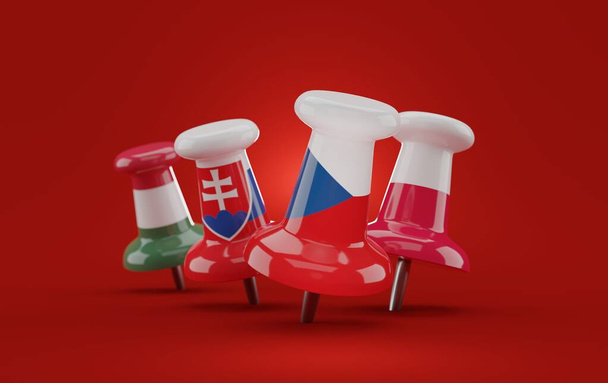 Thumbtacks με σημαίες της ομάδας visegrad σε κόκκινο φόντο. 3D εικονογράφηση - Φωτογραφία, εικόνα