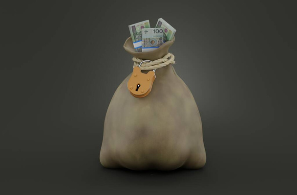 Saco de dinheiro com moeda polonesa em fundo cinza. ilustração 3d
 - Foto, Imagem
