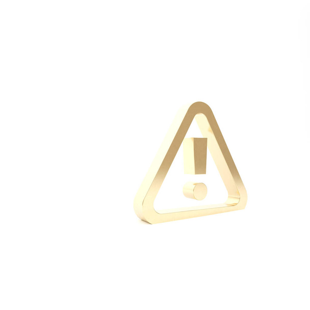 Gold Exclamation mark in triangle icon isolated on white background. Hazard warning sign, careful, attention, danger warning sign. 3d illustration 3D render - Photo, Image