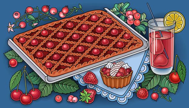 Πίτα, μούρα, φρούτα ζωγραφισμένα στο χέρι εικονογράφηση - Διάνυσμα, εικόνα