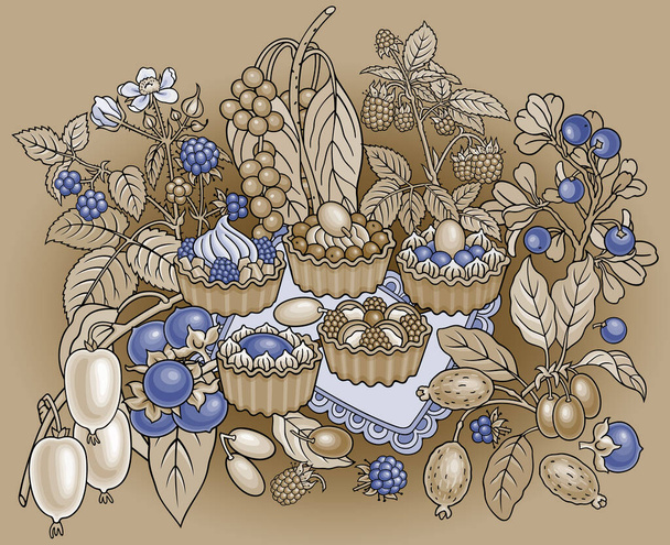 Frutas, bagas, doces ilustração desenhada à mão - Vetor, Imagem