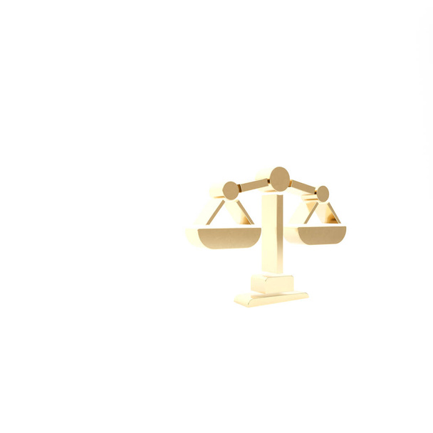 Gold Scales of justice icon isolated on white background. Court of law symbol. Balance scale sign. 3d illustration 3D render - Photo, Image