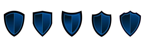  Set de 5 escudos azules con marco negro ilustración vectorial realista aislado sobre fondo blanco. Símbolo de seguridad, poder, protección. Símbolo de escudo para el diseño de su sitio web, logotipo, aplicación, interfaz de usuario
. - Vector, imagen