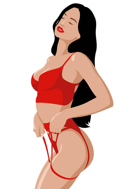 Όμορφη γυναίκα με καυτό κόκκινο σέξι εσώρουχο. Φοβερό εικονογράφηση για κατάστημα, μέσα κοινωνικής δικτύωσης, αυτοκόλλητα, πανό και ιστοσελίδες - Διάνυσμα, εικόνα