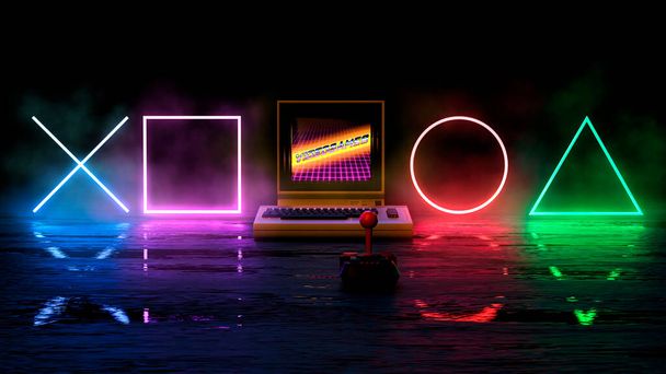 Retro computer op een zwarte achtergrond met gloeiende neon tekens en een vintage joystick in synthwave stijl - concept art - 3D rendering - Foto, afbeelding