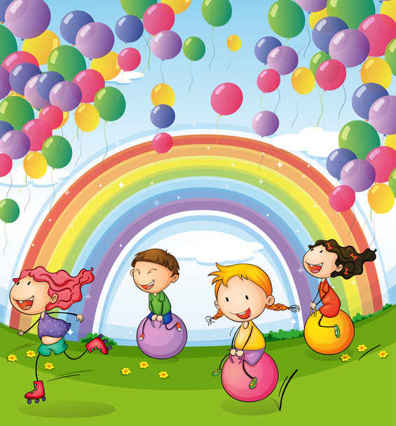 Kids playing with floating balloons and rainbow in the sky - Vector, Image