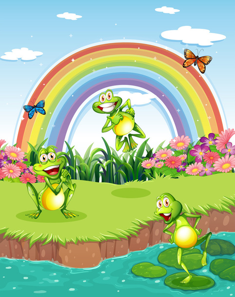 Tres ranas juguetonas en el estanque y un arco iris en el cielo
 - Vector, imagen