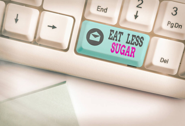 Käsitteellinen käsin kirjoittaminen osoittaa Syö vähemmän sokeria. Business valokuva tekstiä vähentää sokerin saanti ja syö terveellistä ruokavaliota runsaasti elintarvikkeita Värillinen näppäimistö avain tarvikkeet järjestetty tyhjään kopiotilaan. - Valokuva, kuva