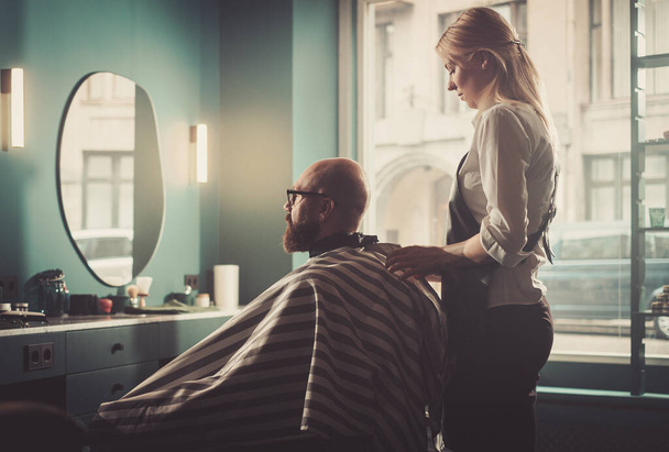 Bald Man Came in His Favourite Salon For Modern Beard Cutting. - Photo, Image