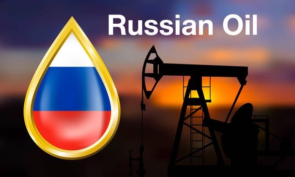 Russian Oil banner with flag and pumpjack vector illustration - Vector, Image