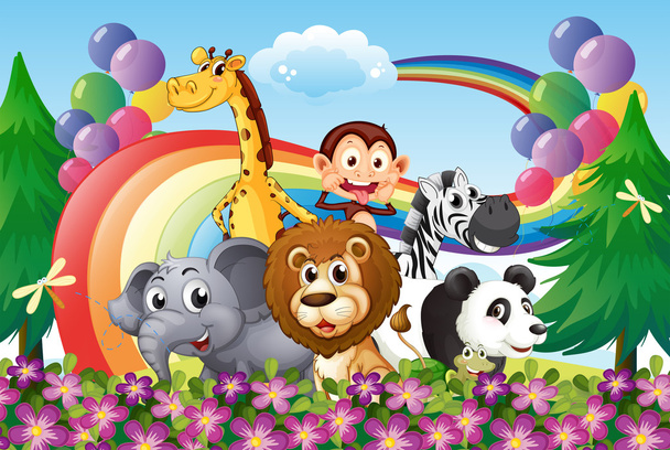 A group of animals at the hilltop with a rainbow and balloons - Vector, Image