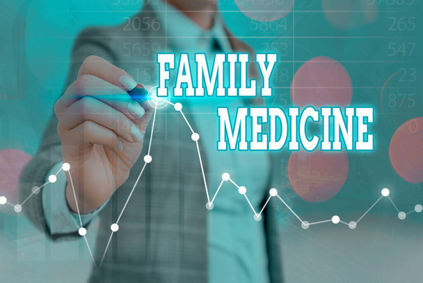 Writing note showing Family Medicine. Business photo showcasing comprehensive health care for the individual and family Arrow symbol going upward showing significant achievement. - Photo, Image
