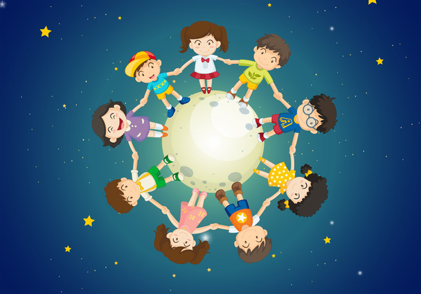 Crianças segurando as mãos juntas enquanto estão acima da Terra
 - Vetor, Imagem