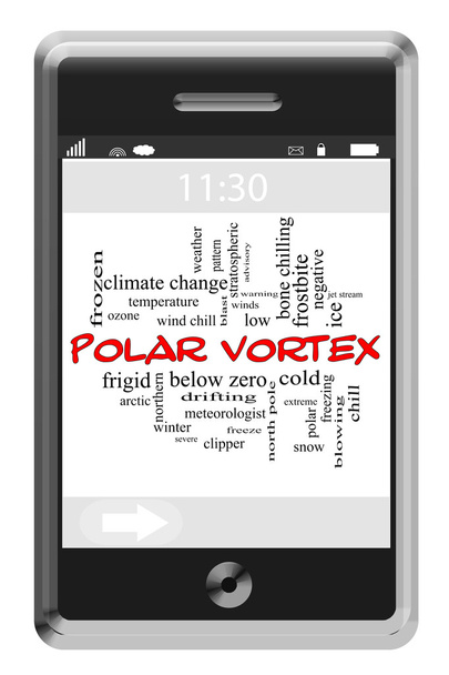 Concepto de nube de palabras de vórtice polar en el teléfono con pantalla táctil
 - Foto, imagen