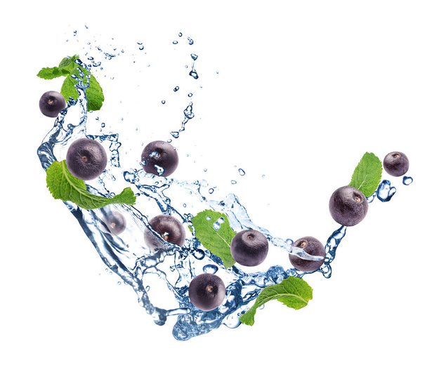 Water splash with acai berries and mint leaves on white background - Fotó, kép