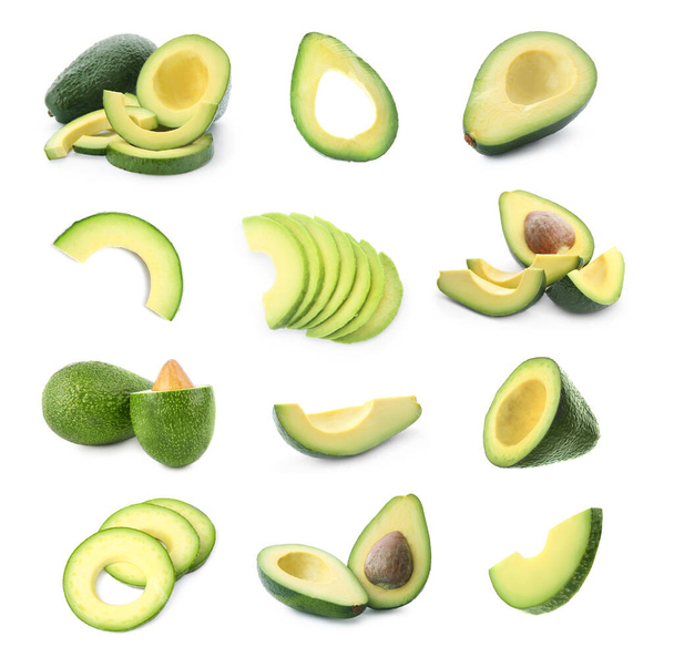 Set of cut and whole avocados on white background - Photo, image