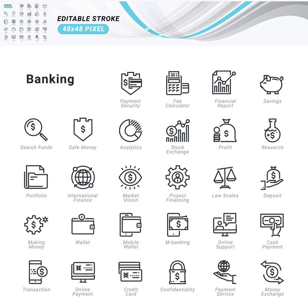 Vékony vonalú ikonok a bankokról. Prémium minőségű körvonal szimbólumok, szerkeszthető stroke. Pixel tökéletes. Vektoros illusztrációk weboldal- és alkalmazásfejlesztéshez, üzleti prezentációhoz, marketinganyagokhoz.  - Vektor, kép