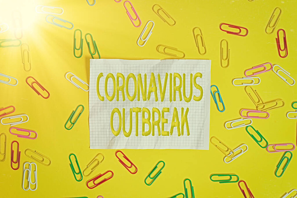 Текст "Coronavirus Outbreak". Бізнес-концепція інфекційних захворювань, спричинених нещодавно виявленим COVID19 Flat, лежала над порожнім папером з копіювальним простором і кольоровими паперовими кліпами.. - Фото, зображення