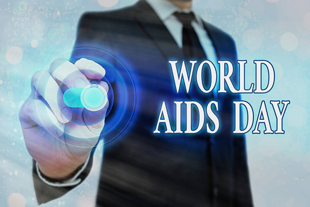Kirjoitan lappua, jossa näkyy maailman aids-päivä. Business valokuva esittelee kansainvälisen päivän lisätä tietoisuutta AIDS pandemia Graphics riippulukko web-tietoturvan sovellusjärjestelmä. - Valokuva, kuva