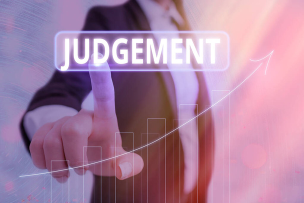Text sign showing Judgement. Conceptual photo process of forming an evaluation by discerning and comparing Arrow symbol going upward denoting points showing significant achievement. - Photo, Image