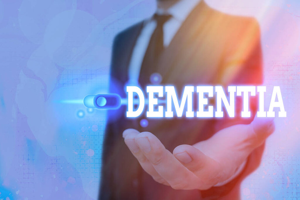Text sign showing Dementia. Conceptual photo usually, a progressive condition marked by multiple deficits Graphics padlock for web data information security application system. - Photo, Image