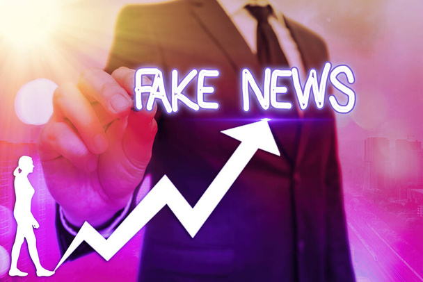 Word writing text Fake News. Business concept for false information publish under the guise of being authentic news Arrow symbol going upward denoting points showing significant achievement. - Photo, Image