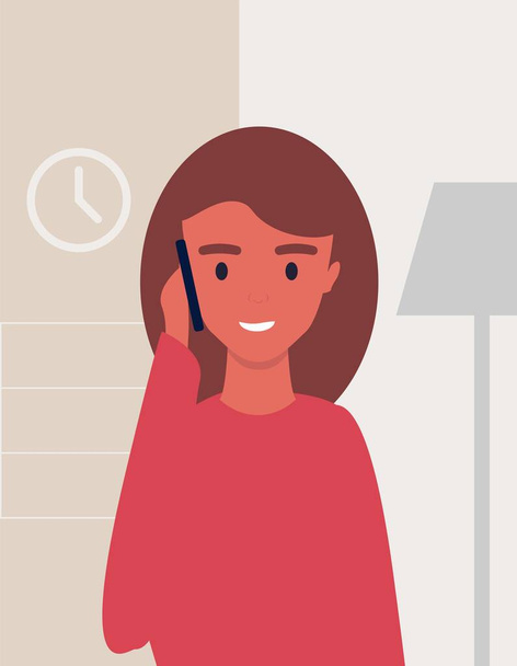 Γυναίκα μιλώντας στο κινητό τηλέφωνο στέκεται στο εσωτερικό του σπιτιού, Εικονογράφηση, Διάνυσμα - Διάνυσμα, εικόνα