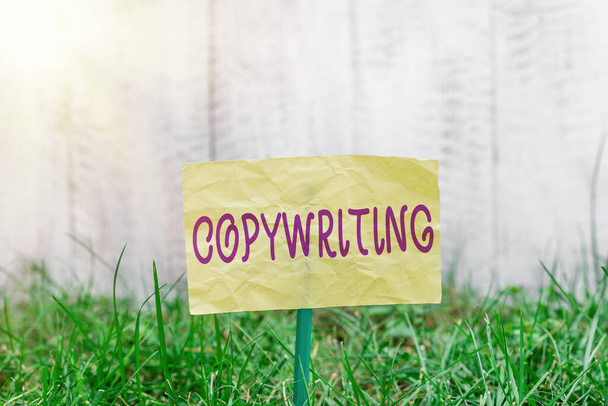 Handwriting text writing Copywriting. Concept meaning writing the text of advertisements or publicity material Plain empty paper attached to a stick and placed in the green grassy land. - Photo, Image