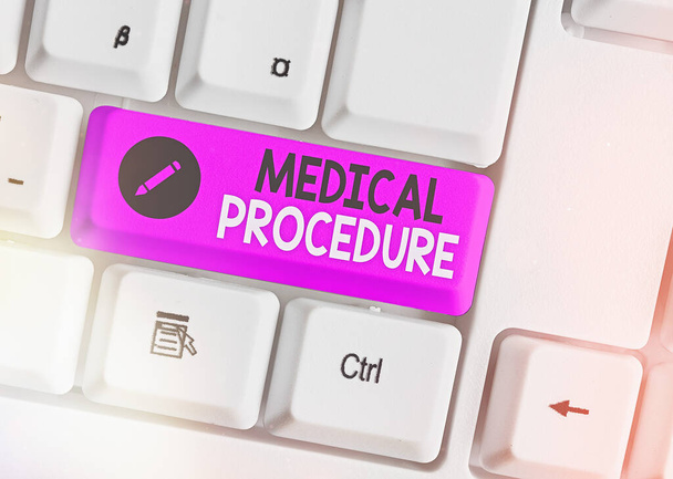 Text sign showing Medical Procedure. Conceptual photo a course of action intended to achieve a result of healthcare Different colored keyboard key with accessories arranged on empty copy space. - Photo, Image