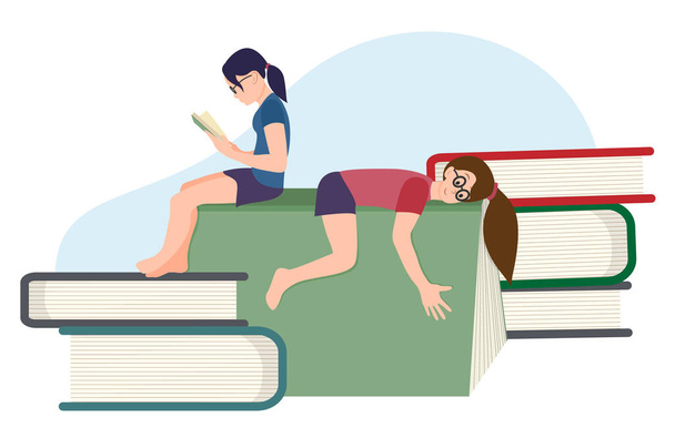 Chicas sentadas y acostadas en los libros y leyendo un libro, amantes del libro día stock vector ilustración
 - Vector, imagen