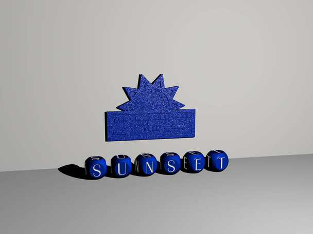 3D grafische afbeelding van SUNSET verticaal samen met tekst gebouwd door metalen kubieke letters vanuit het bovenste perspectief, uitstekend voor de concept presentatie en diavoorstellingen. mooi en achtergrond - Foto, afbeelding