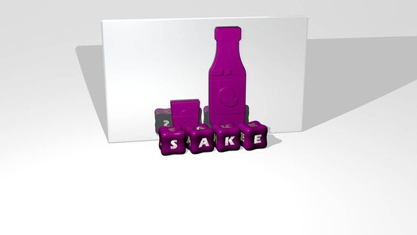 3D grafische beeld van sake verticaal samen met tekst gebouwd door metalen kubieke letters vanuit het bovenste perspectief, uitstekend voor de concept presentatie en diavoorstellingen. Japans en Japans - Foto, afbeelding